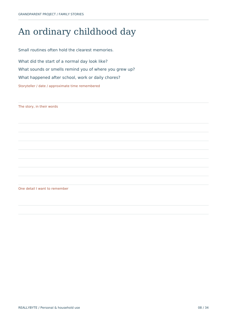 Childhood worksheet with three prompts and writing space