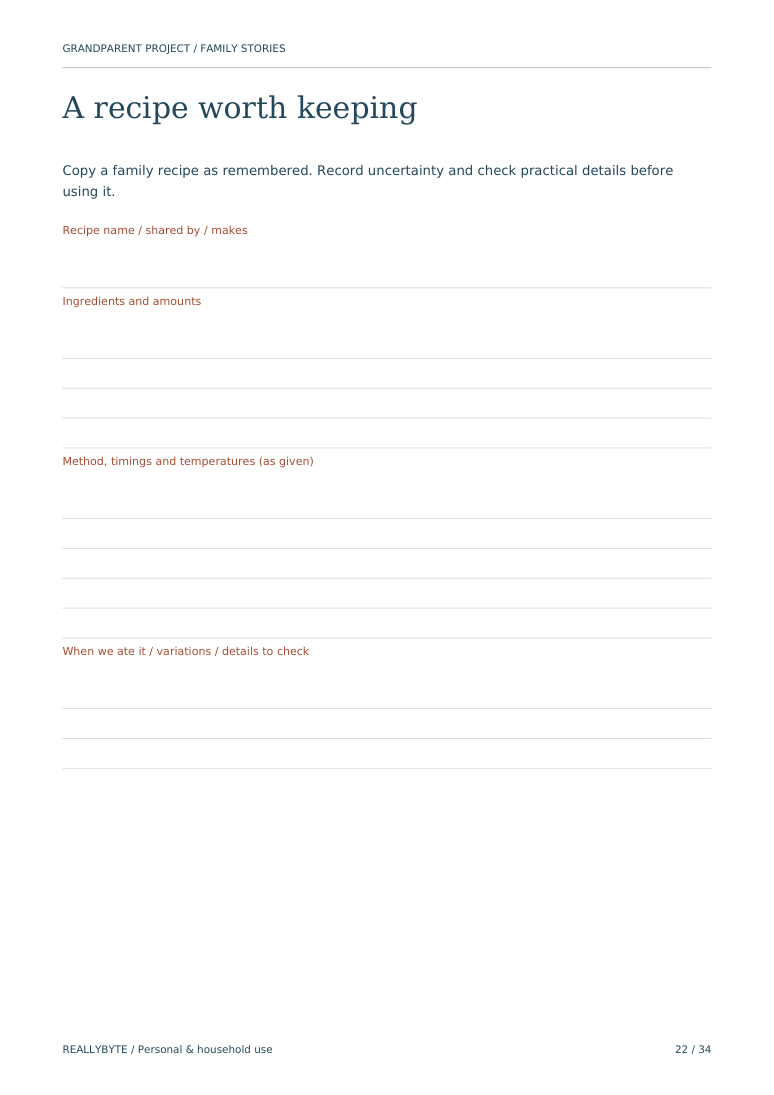 Recipe page with ingredient, method and memory sections