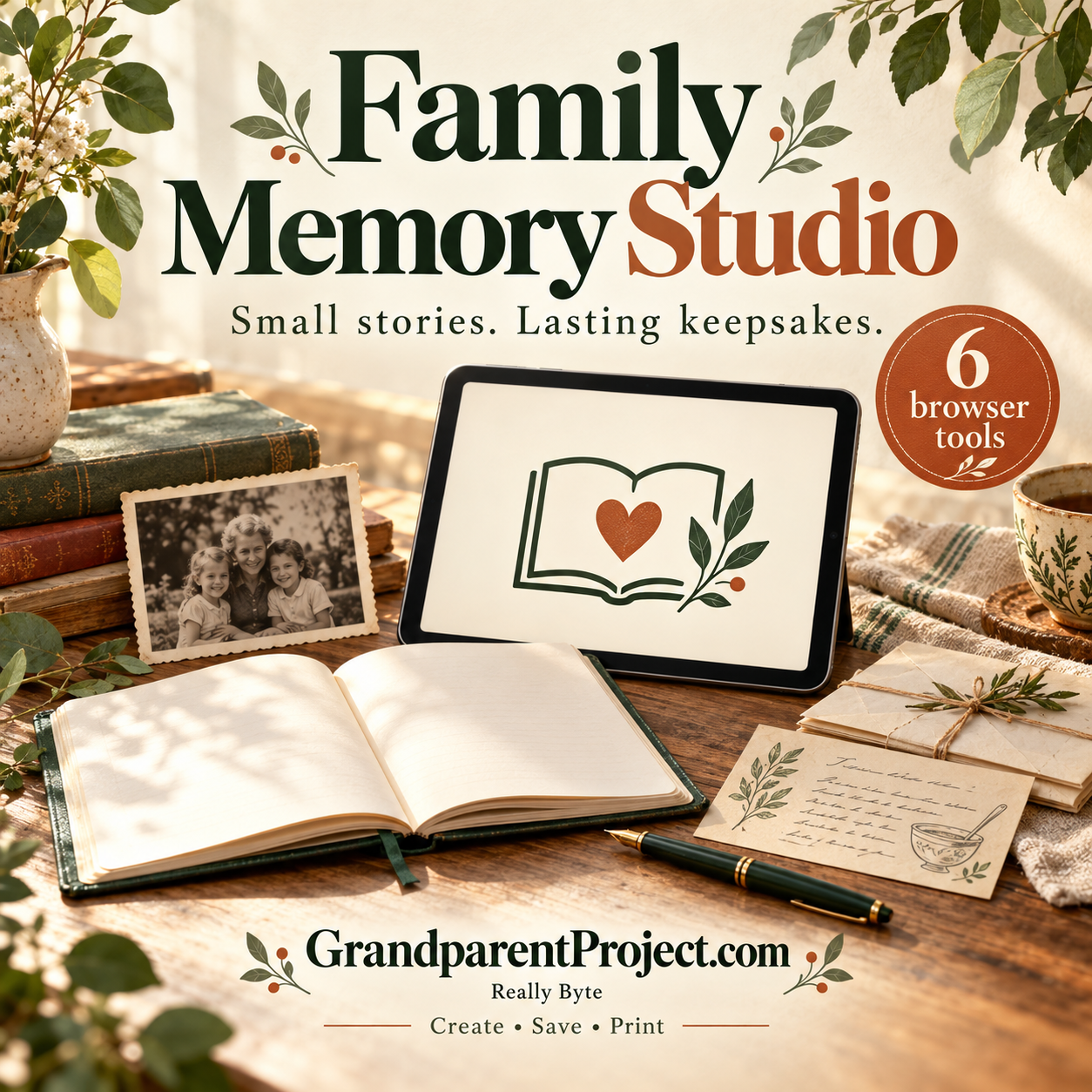 Family Memory Studio: six browser tools to create, save and print family keepsakes